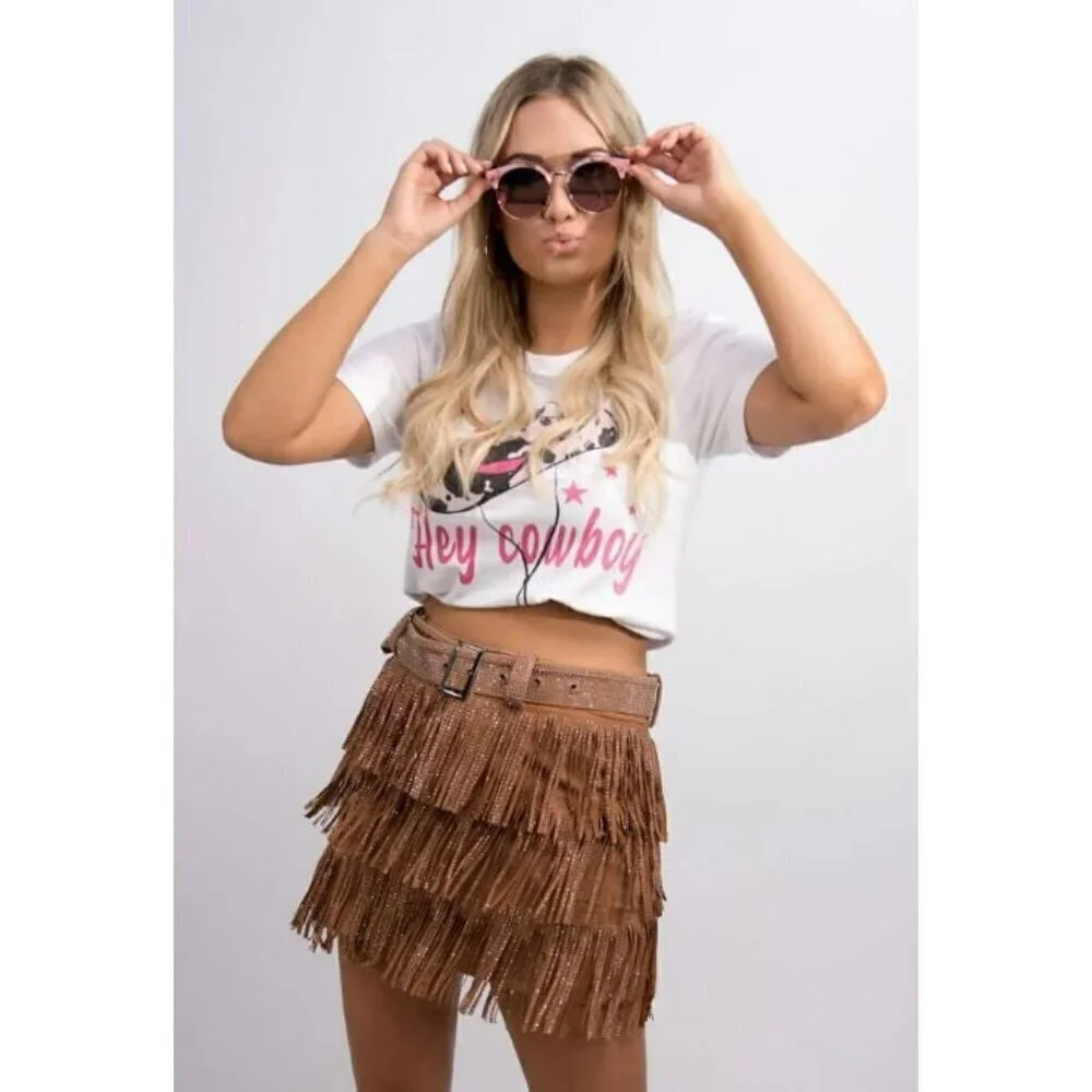 *PLUS ONLY* Spotlight Stealer Rhinestone Fringe Mini Skort Camel - Picture 6 of 10